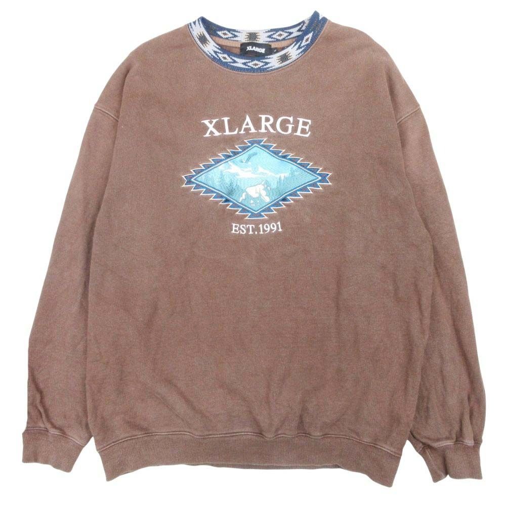 美品 XLARGE エクストララージ EMBROIDERED SOUVENIR CREWNECK SWEAT エンブロイダリー スーベニア スウェット 裏毛 トレーナー L 茶 メンズ 古着 中古 USED 美品 XLARGE エクストララージ EMBROIDERED SOUVENIR CREWNECK SWEAT