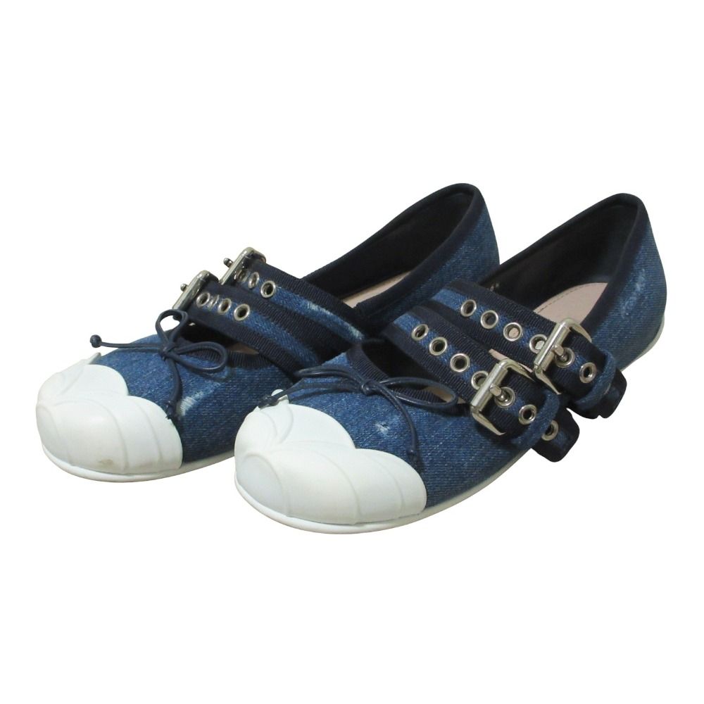 良品 MIU MIU ミュウミュウ ダメージ加工 メリージェーン デニムバレエシューズ フラットパンプス 36.5 約23.5cm インディゴブルー レディース 古着 中古 USED