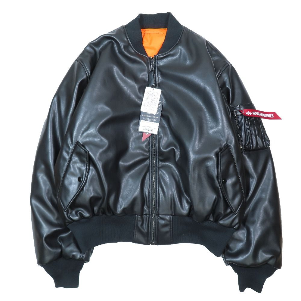 s*a様 本革ALPHA INDUSTRIES ブラックレザージャケット 未使用 ALPHA INDUSTRIES アルファインダストリーズ フェイク シングル