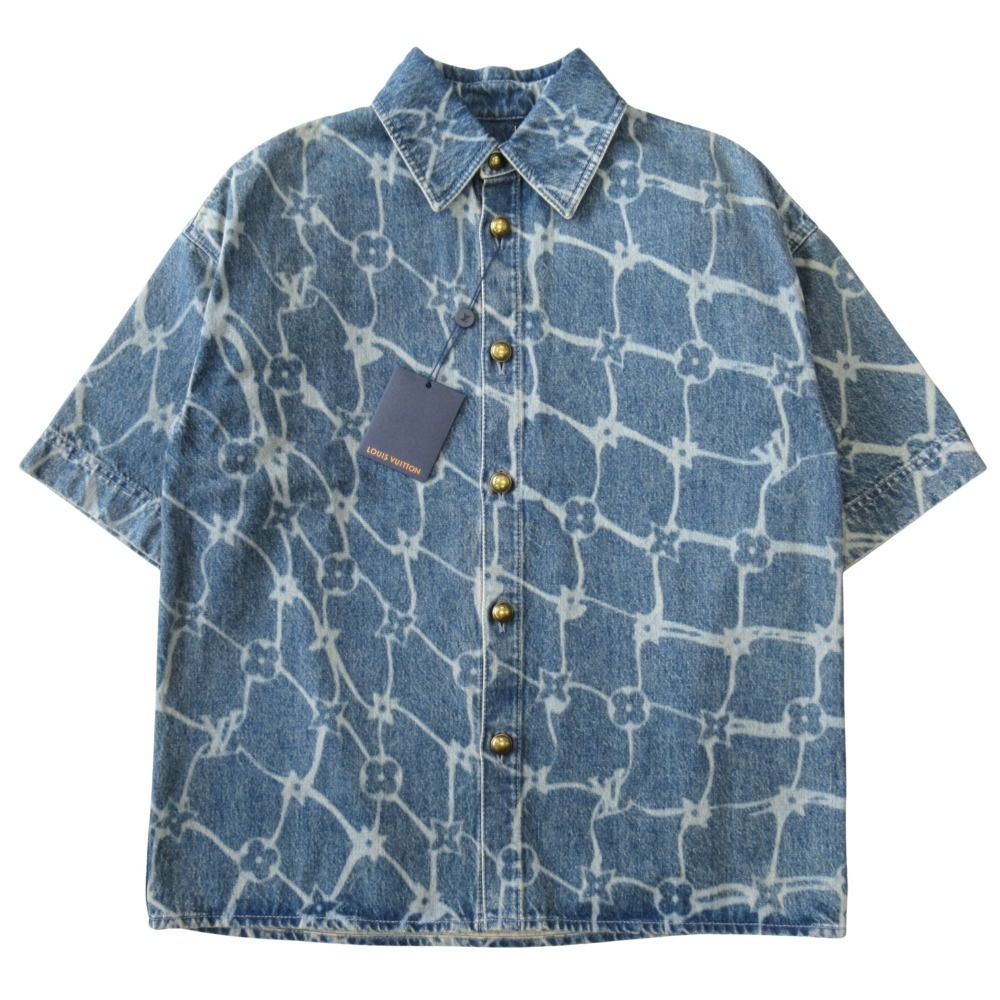 未使用 LOUIS VUITTON ルイヴィトン 24AW モノグイラム プリント ショートスリーブ デニム シャツ サイズM インディゴブルー メンズ 古着 中古 USED