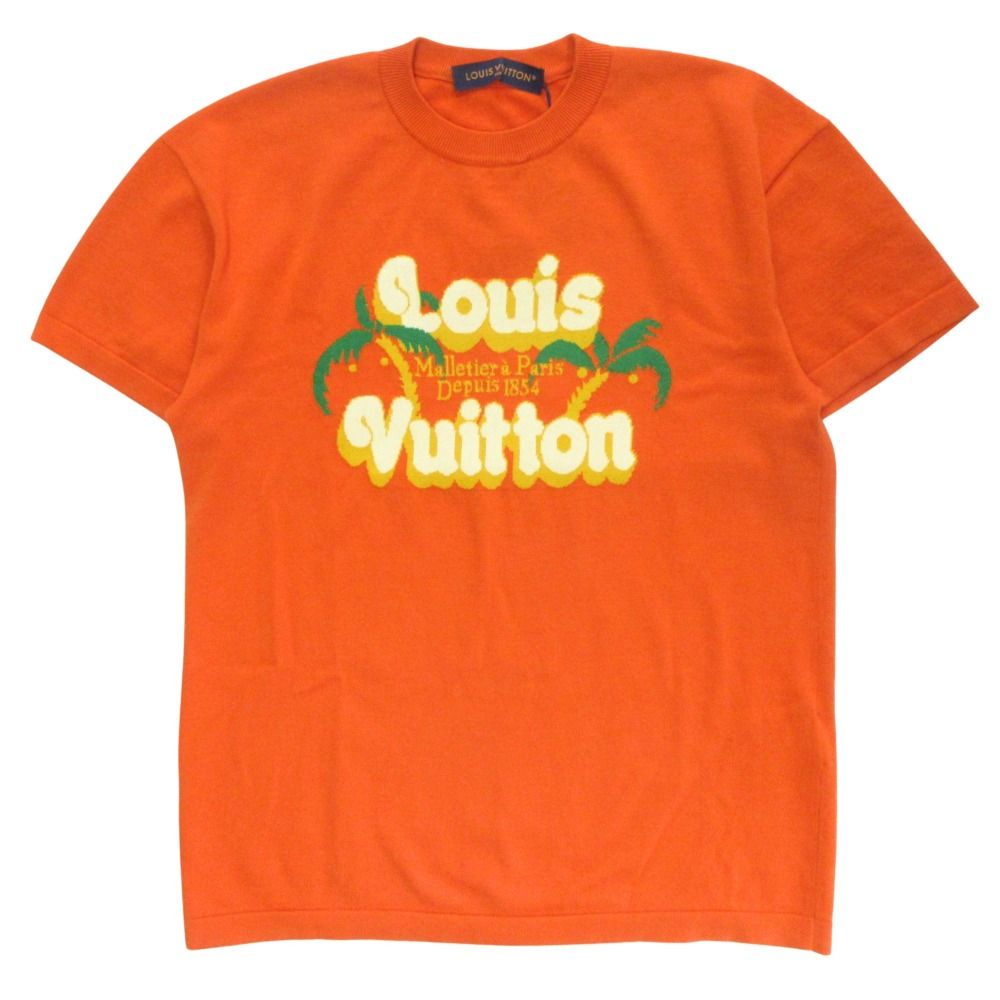 未使用 LOUIS VUITTON ルイヴィトン 24AW パームツリー インターシャ コットン ニット Tシャツ カットソー 半袖 丸首 ロゴ XS オレンジ メンズ 古着 中古 USED
