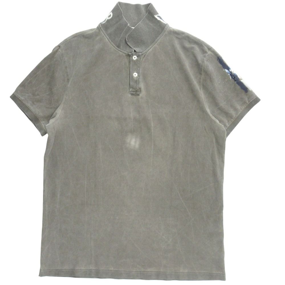 美品 MONCLER モンクレール MAGLIA POLO MANICA CORTA ハンドペイント ポロシャツ カットソー 半袖 ロゴ エイジング加工 L グレー メンズ 古着 中古 USED
