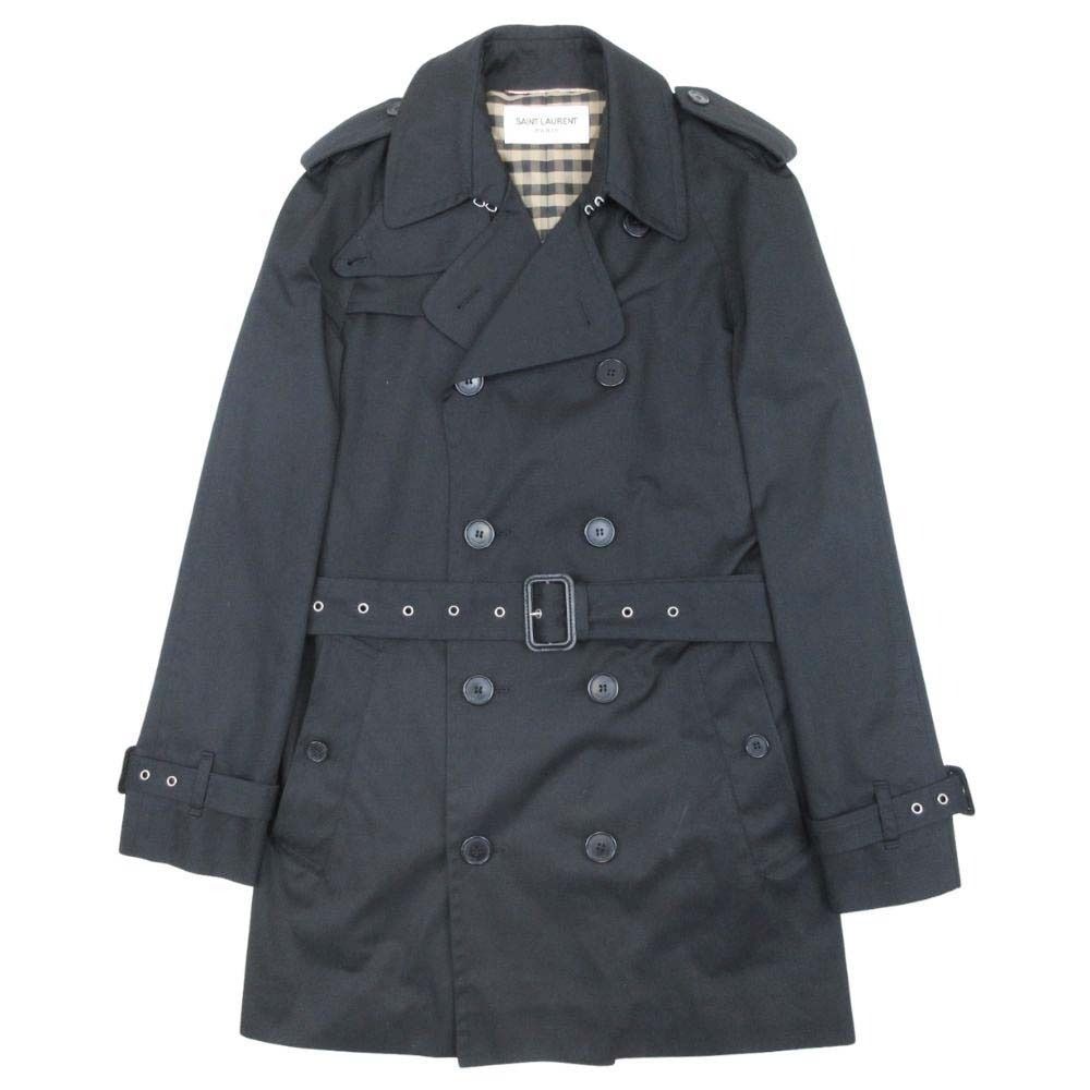 美品 SAINT LAURENT サンローラン 12aw エディ期 ショートトレンチコート ジャケット ブルゾン アウター チェック裏地 44 黒 ブラック メンズ 古着 中古 USED