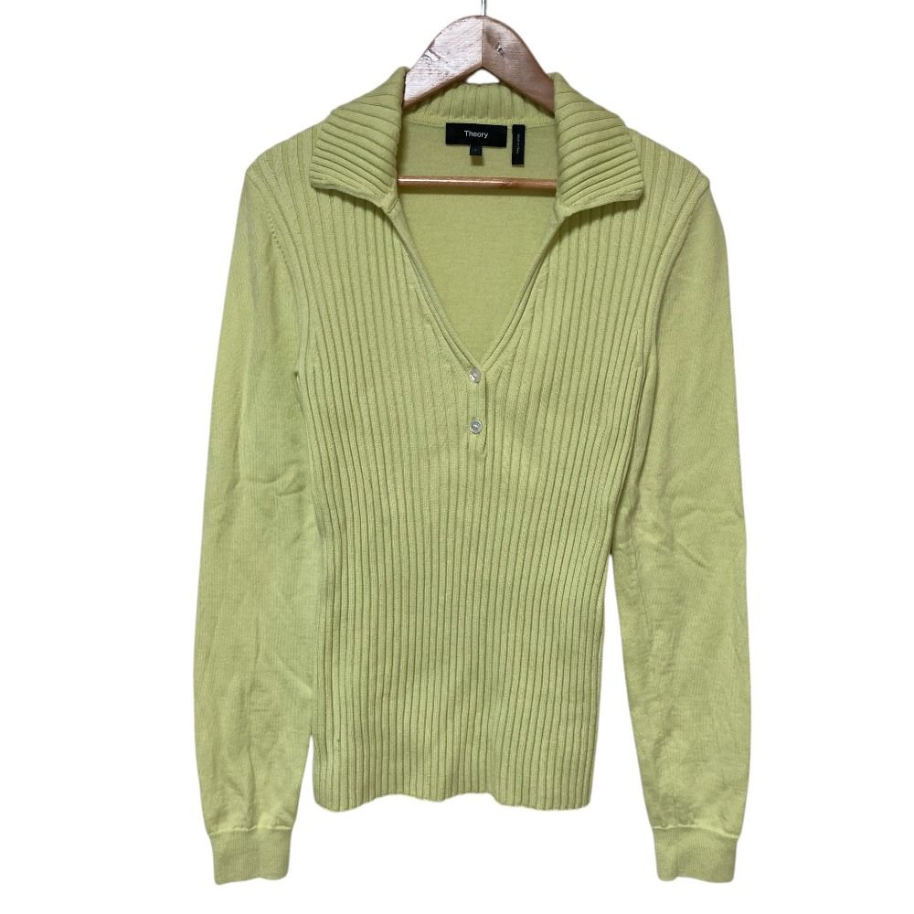 美品 26SS Theory セオリー FRT RIB COLLAR L REGAL MERINO ヘンリーネック リブニット カットソー S ライム レディース 古着 中古 USED