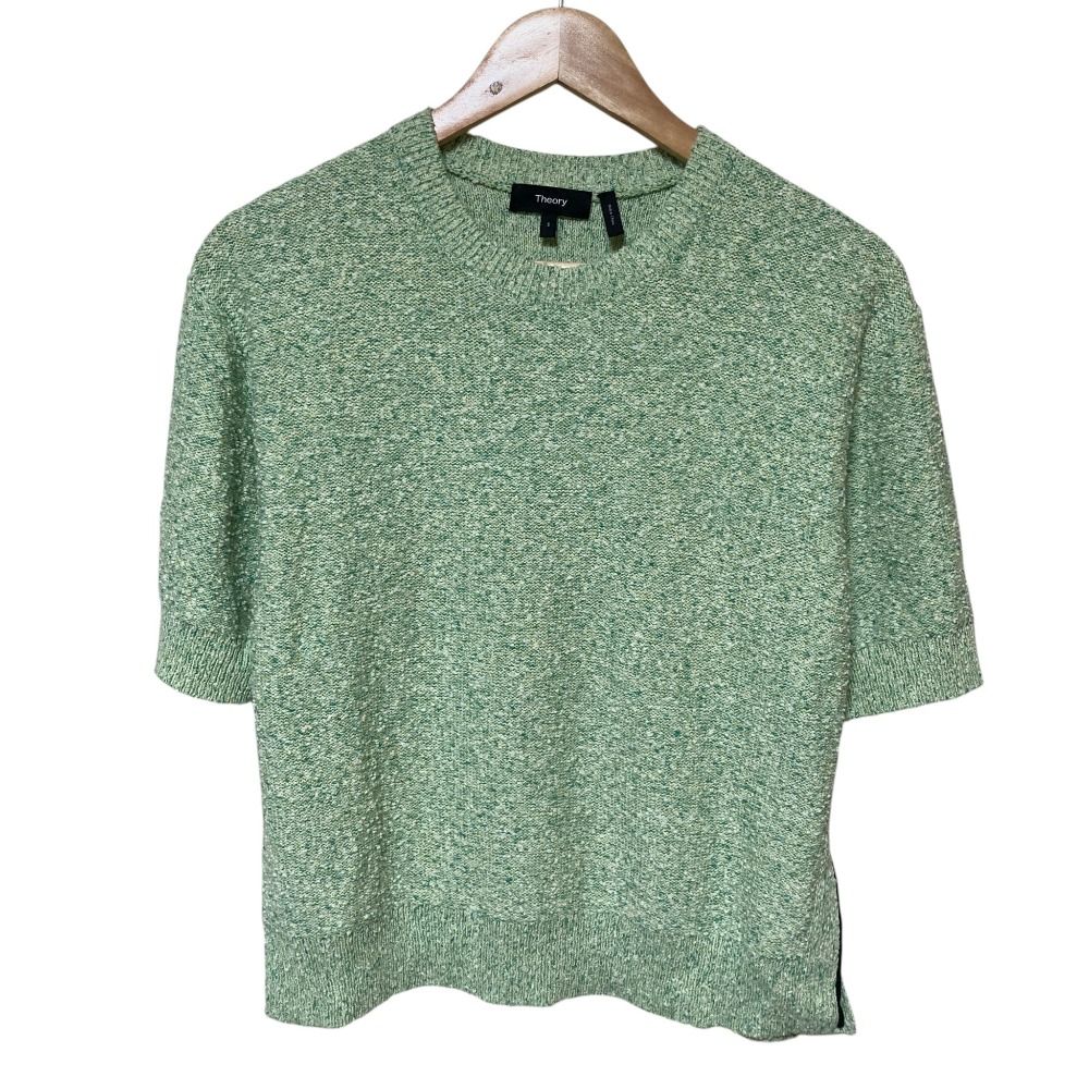 美品 26SS Theory セオリー CROP TEE TWEED ツイード ショートスリーブ ニット S グリーン レディース 古着 中古 USED