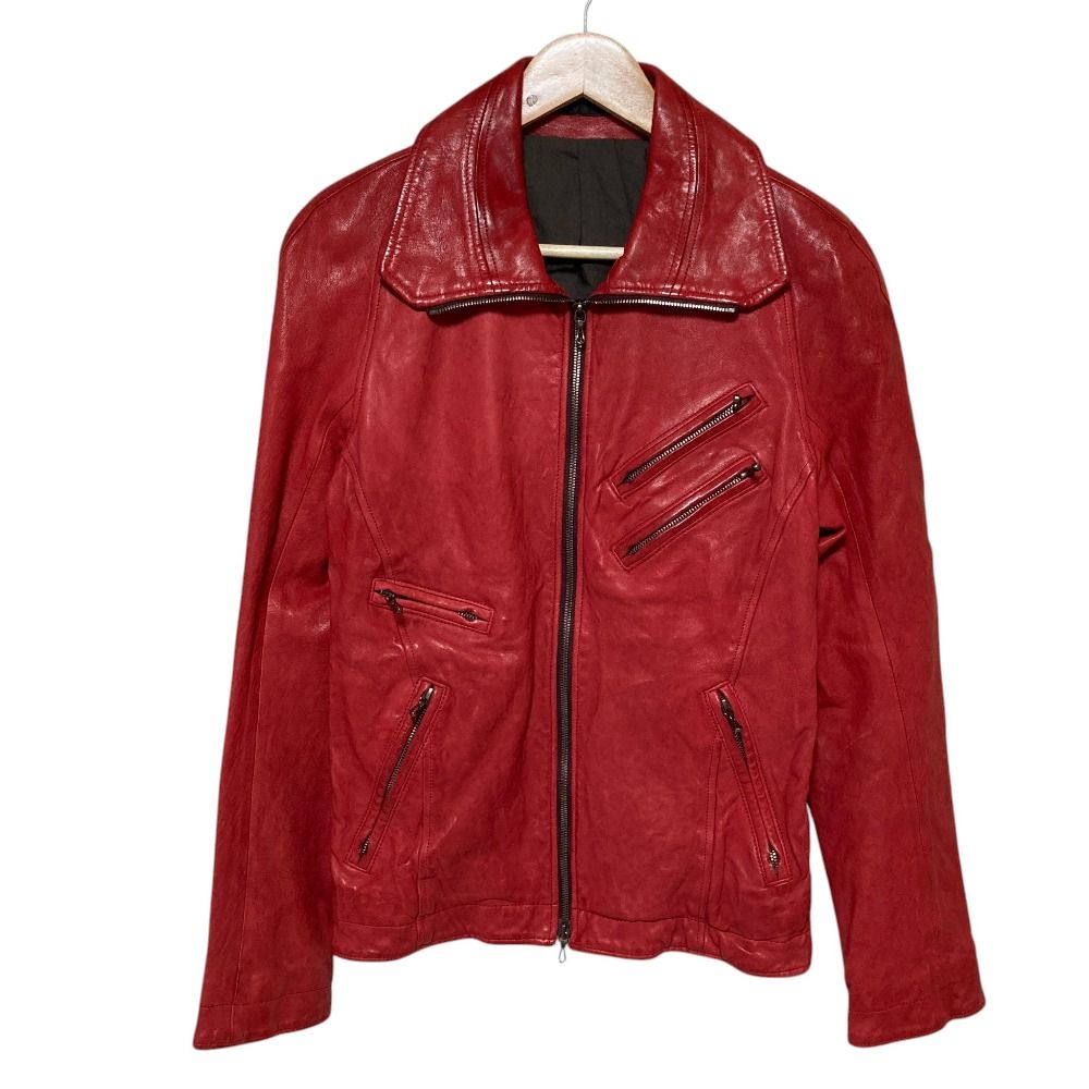 美品 09AW JULIUS ユリウス CANON_2 Archive シワ加工 ウォッシャブル ライダースジャケット レザー 1 レッド メンズ 古着 中古 USED