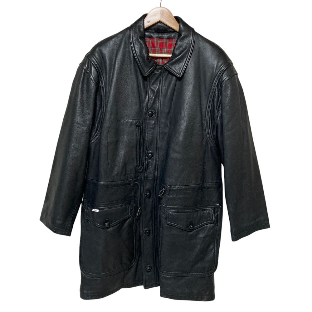 良品 PAPAS パパス ディアスキン レザー ステンカラー ロングコート M ブラック メンズ 古着 中古 USED