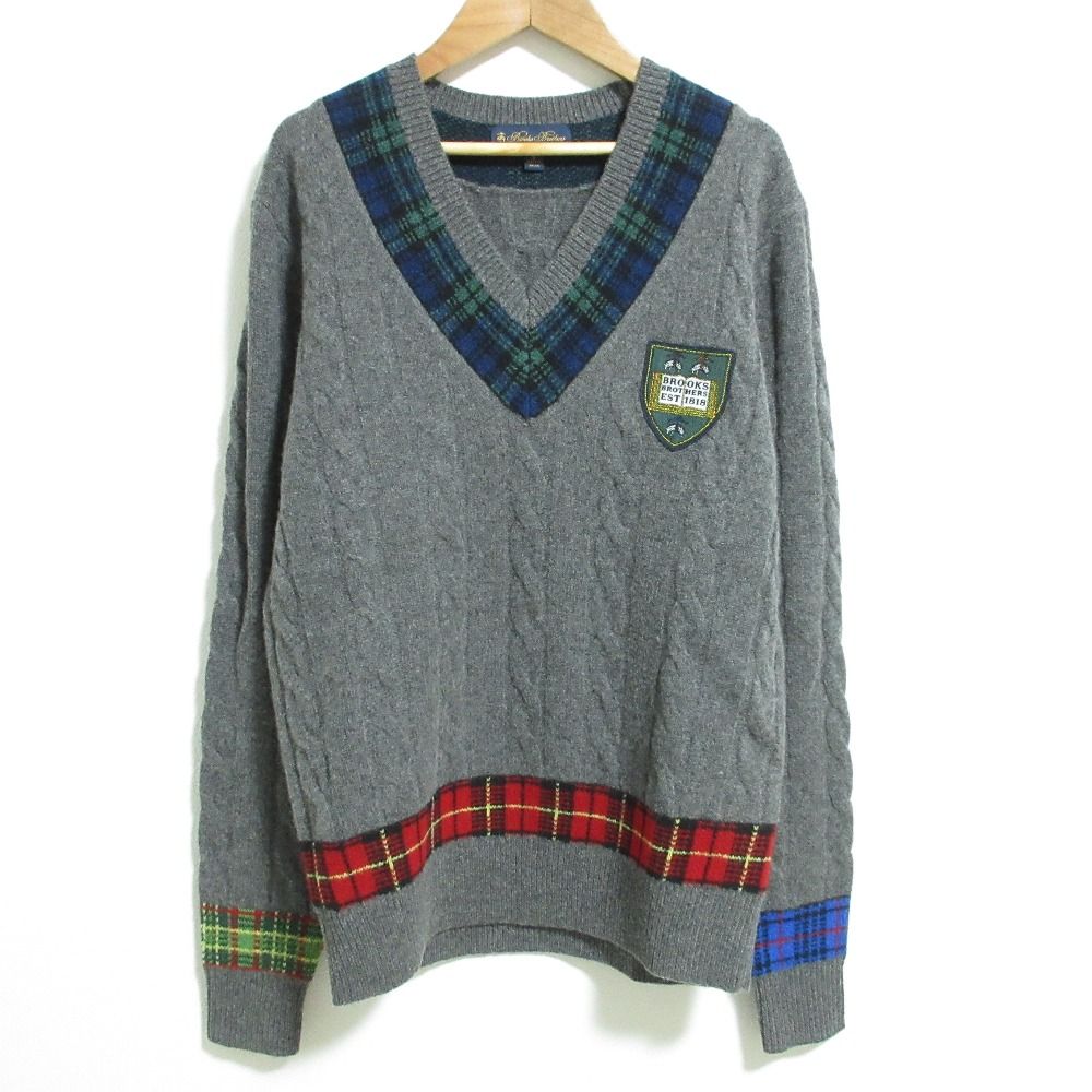 美品 Brooks Brothers ブルックスブラザーズ エンブレムロゴ ケーブル編み チルデンニット セーター Sサイズ グレー メンズ 古着 中古 USED