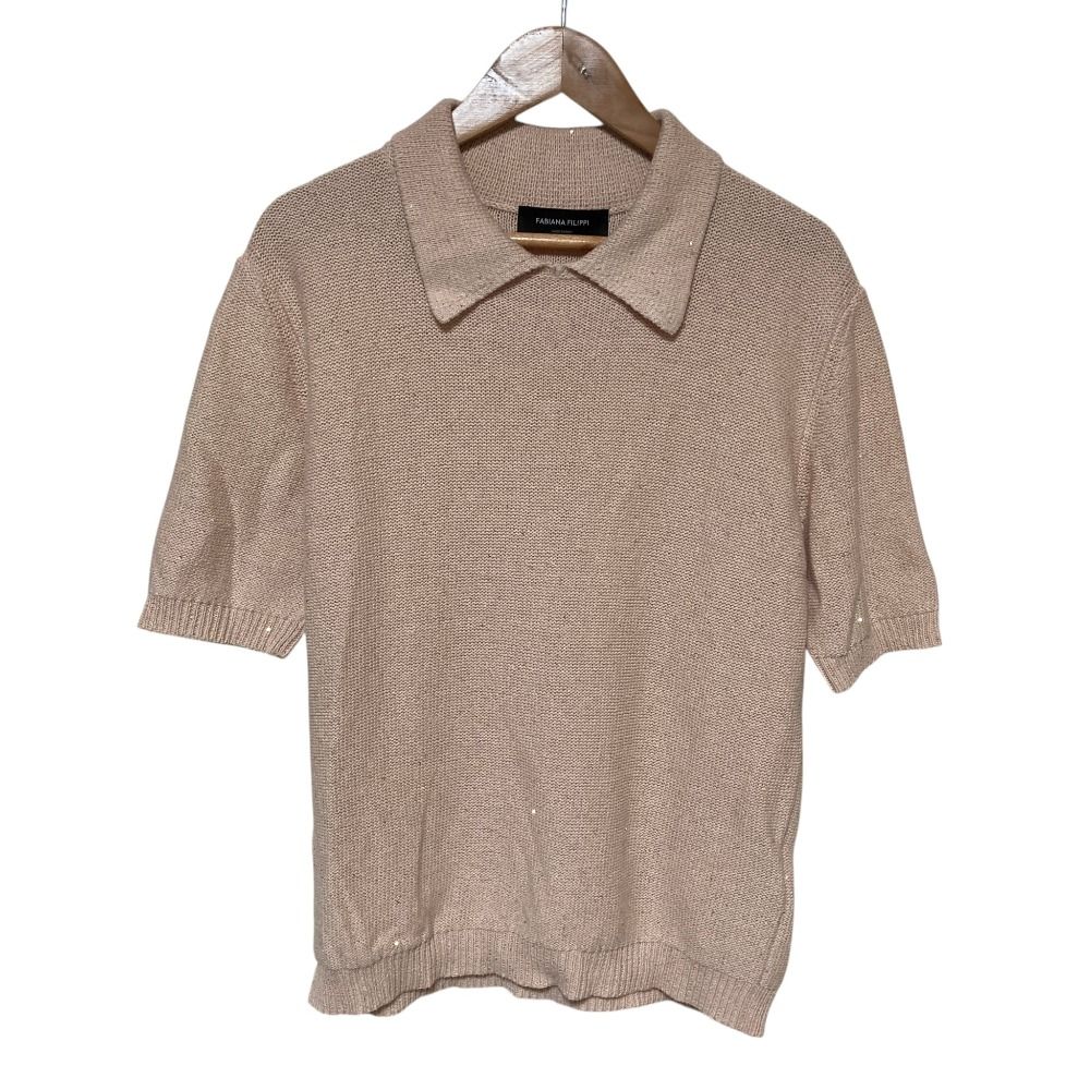 美品 25SS Fabiana Filippi ファビアナフィリッピ SEQUIN SHORT SLEEVE SWEATER WITH POLO COLLAR ニットポロシャツ 40 ベージュ レディース 古着 中古 USED