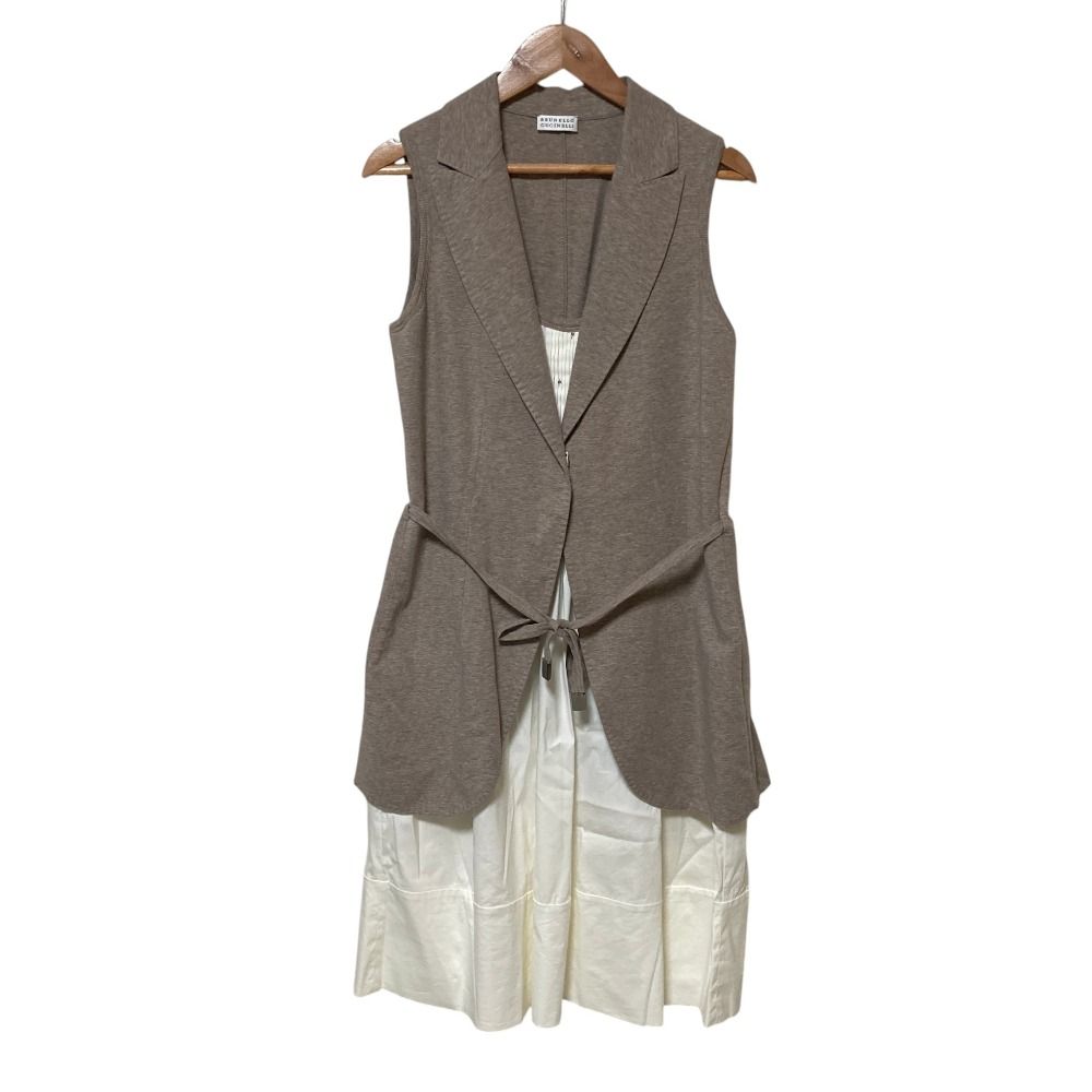 良品 Brunello Cucinelli ブルネロクチネリ ベストドッキング ベルテッドワンピース サイズM グレージュ ホワイト レディース 古着 中古 USED