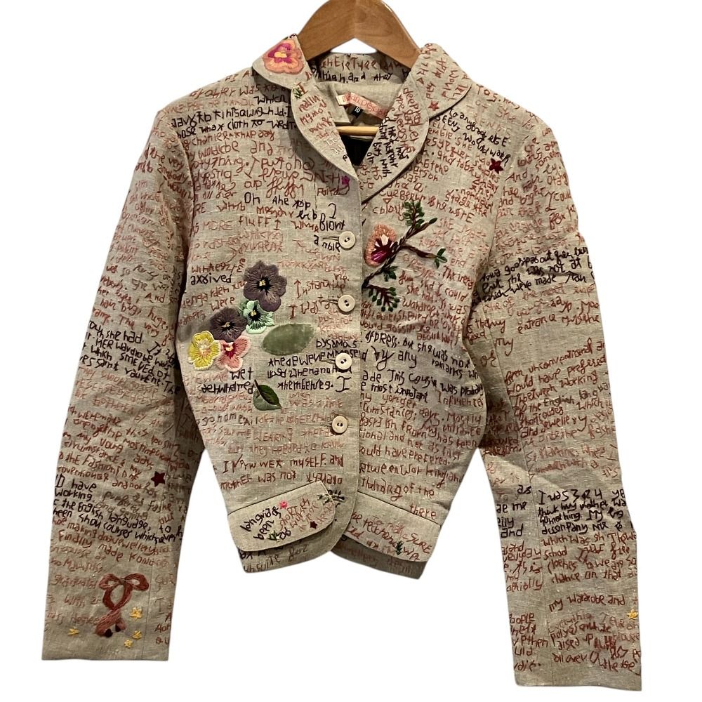 美品 marjan pejoski マラヤンペジョスキー メッセージ刺繍 リネンジャケット 10 ベージュ レディース 古着 中古 USED