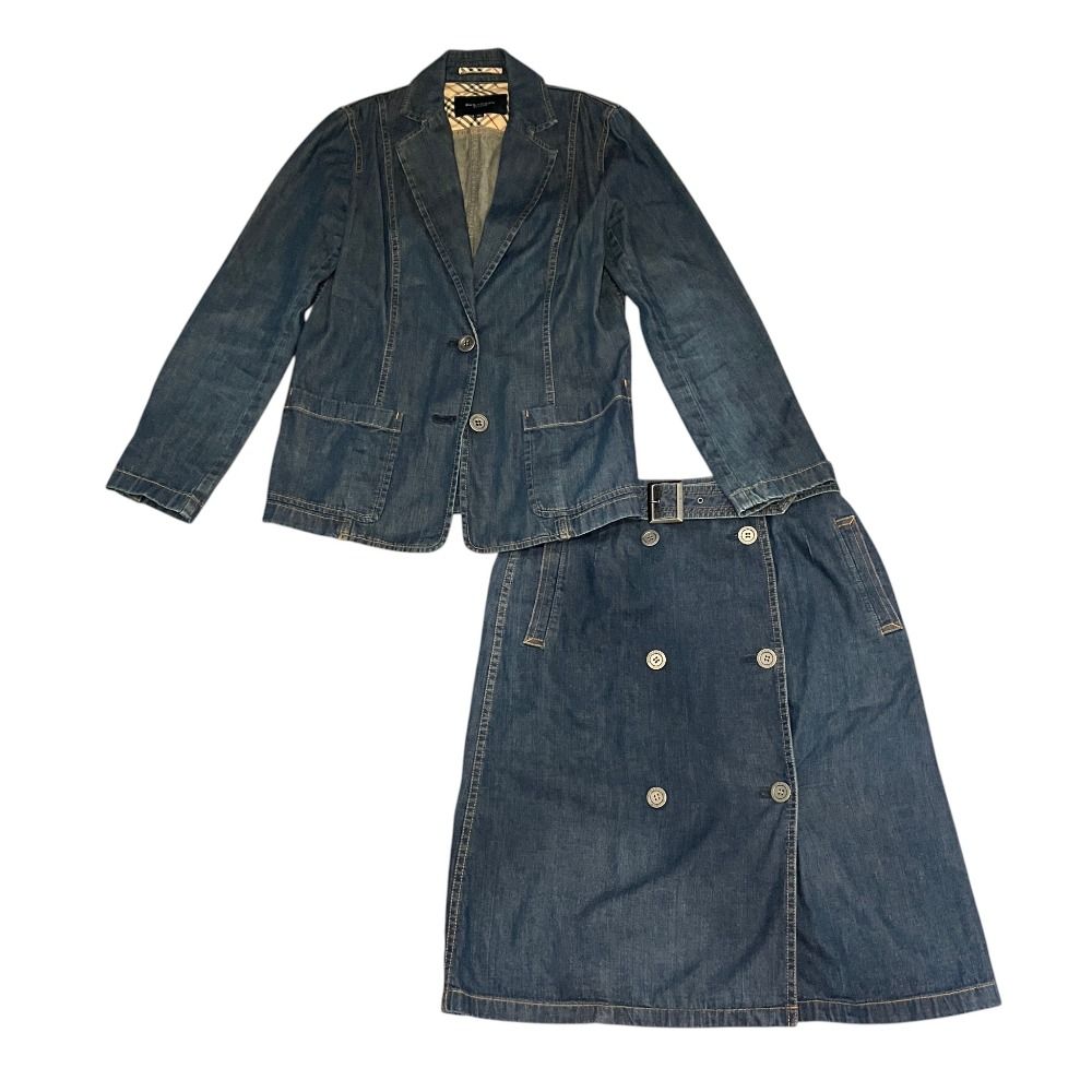 美品 BURBERRY LONDON バーバリーロンドン デニムテーラードジャケット スカート セットアップ 38 インディゴ レディース 古着 中古 USED
