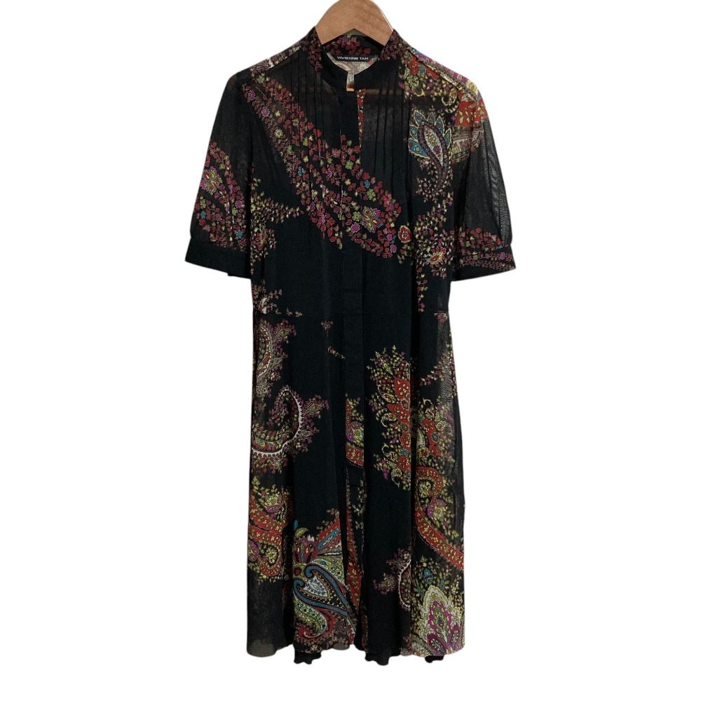 美品 VIVIENNE TAM ヴィヴィアンタム ペイズリー フラワープリント 半袖 パワーネット シャツワンピース サイズ1 ブラック レディース 古着 中古 USED