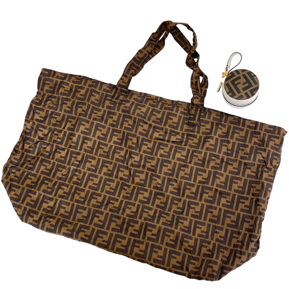新品同様 FENDI フェンディ ズッカ柄 エコバッグ ラウンドケース付き 7AR731 ブラウン レディース 古着 中古 USED