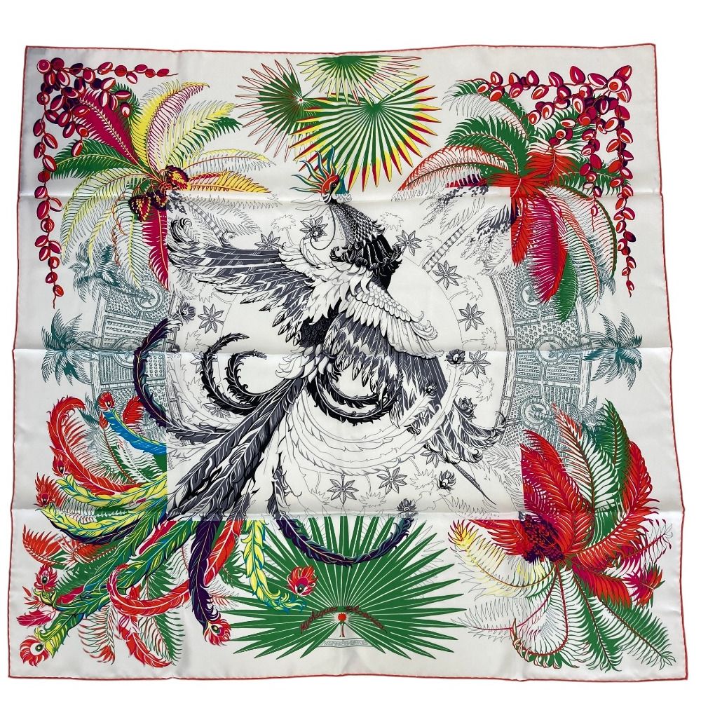 新品同様 HERMES エルメス カレ90 Mythiques Phoenix 不死鳥の神話 シルク スカーフ ホワイト マルチカラー レディース 古着 中古 USED