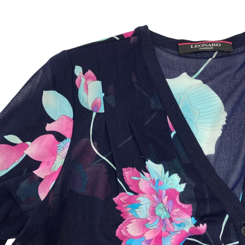美品✨LEONARD レオナール 宝石柄Vネックカーディガン 紺×ターコイズ L 美品 LEONARD FASHION レオナールファッション カンカン Vネック
