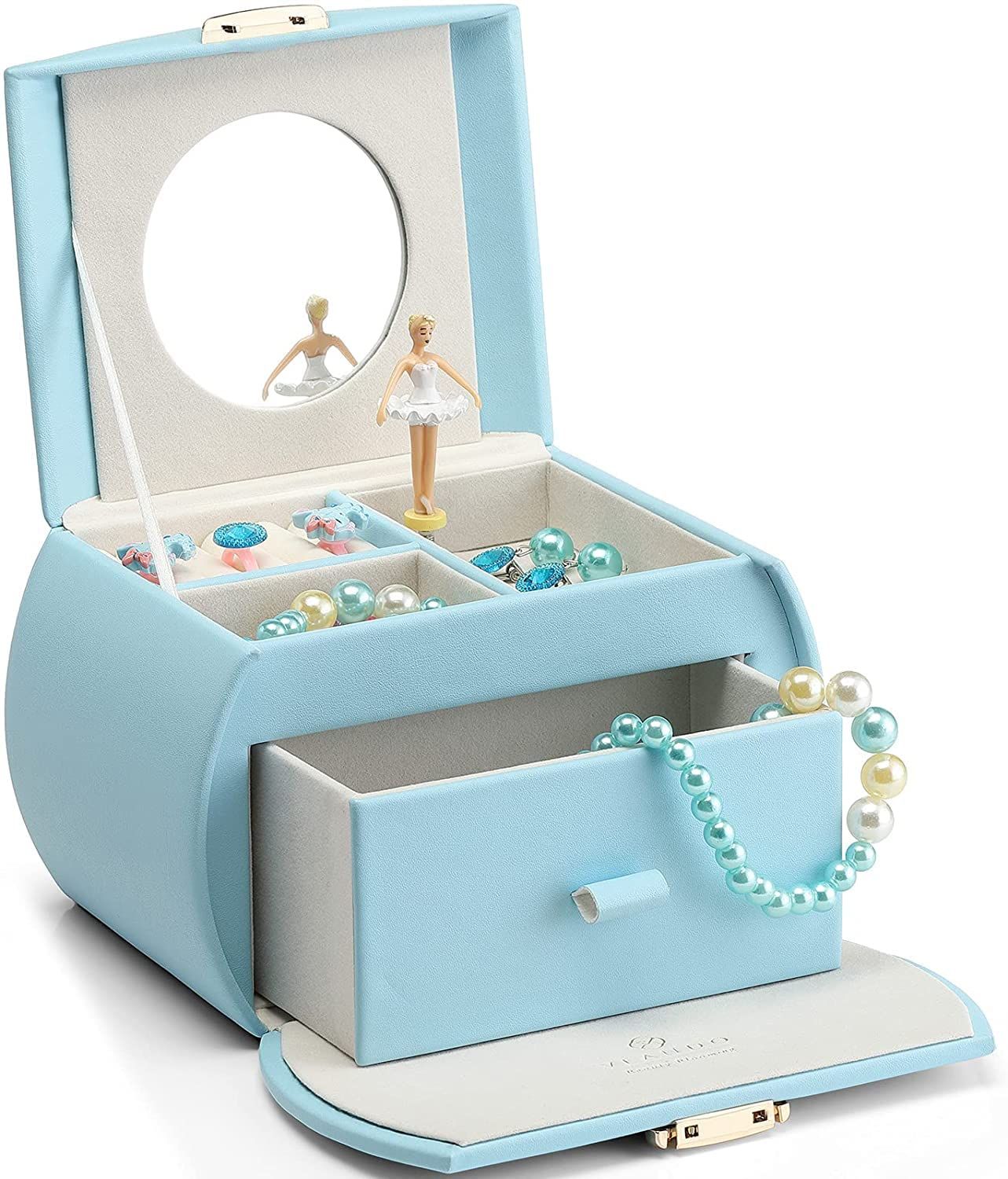 Vlando ジュエリーボックス 娘へのプレゼント 半円形 鏡付き オルゴール プレゼント 子供 アクセサリーケース 携帯用 引き出し 2段 誕生日 クリスマス、新年の贈り物 三歳以上 (5-ブルー)t 7e7367b7