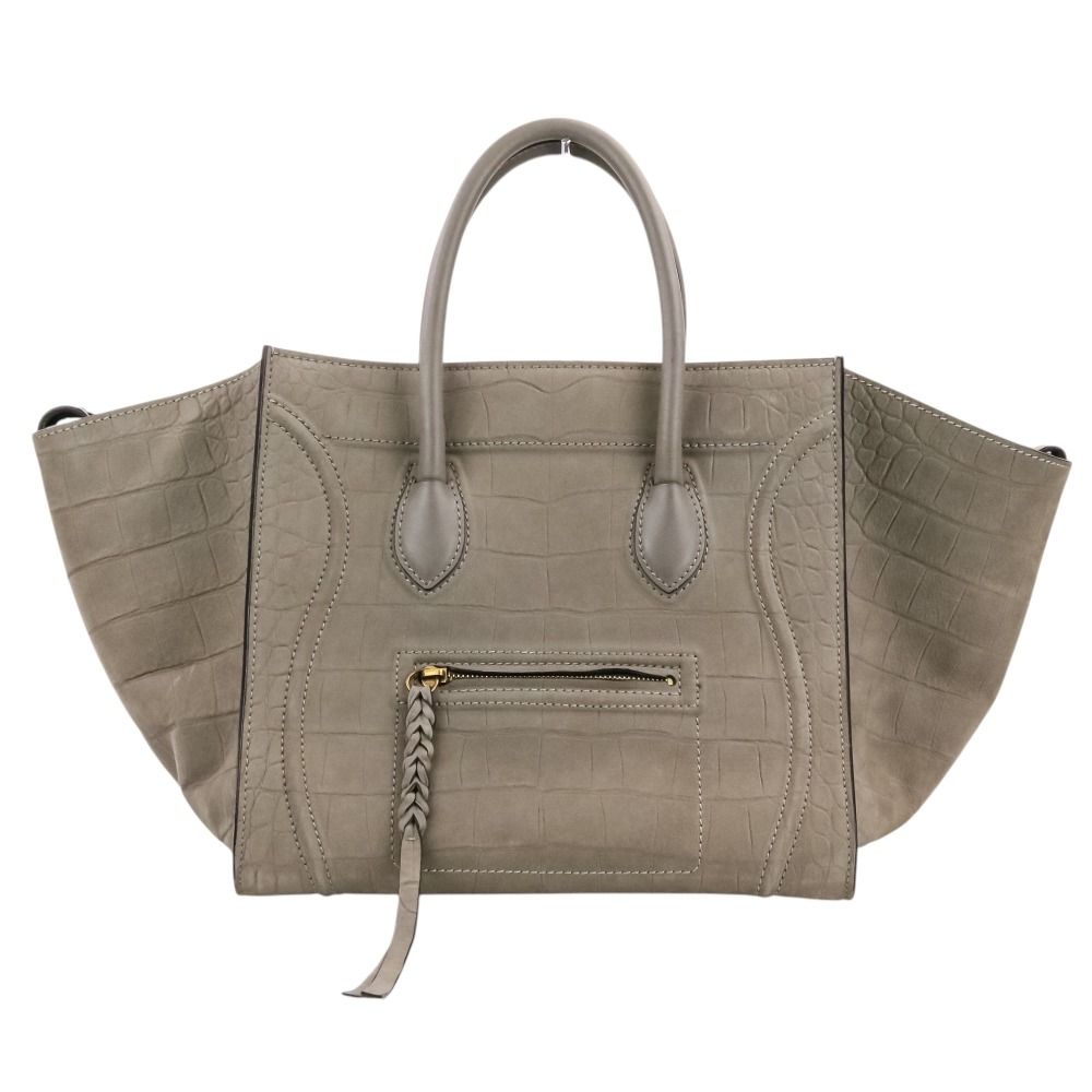 良品 CELINE セリーヌ フィービー期 ラゲージ ファントム ヌバックレザー エンボス ハンドバッグ グレー レディース 古着 中古 USED