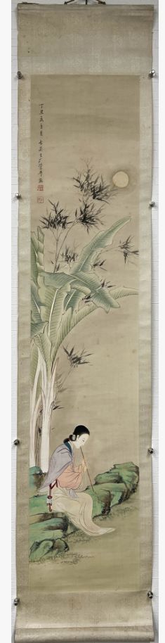 【中国美術】管平湖『月下芭蕉仕女図』掛軸 紙本 水墨淡彩 中国画 唐画