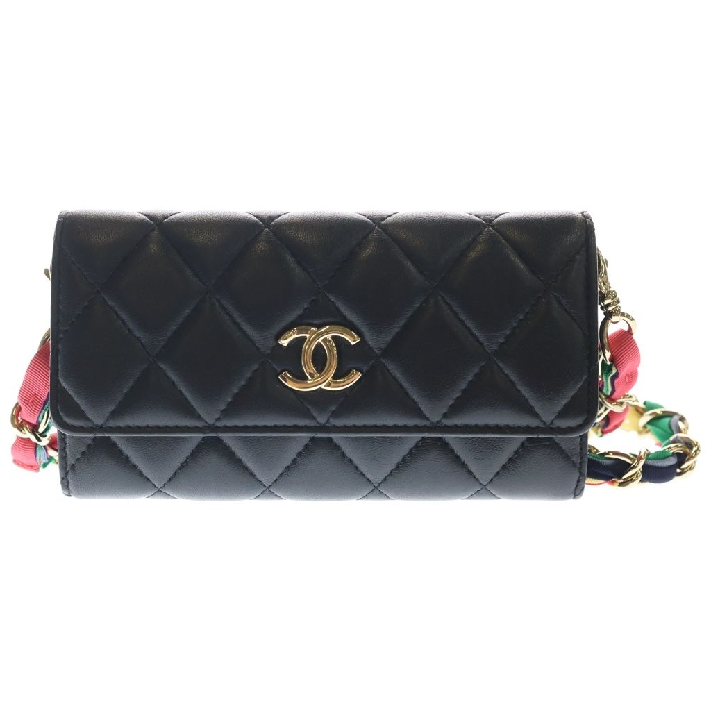 CHANEL (シャネル) マトラッセ チェーンウォレット ショルダーバッグ ミニバッグ ブラック ラムスキン ゴールド金具