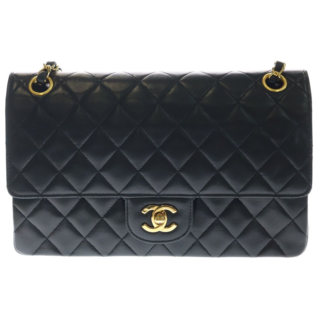 CHANEL (シャネル) マトラッセ25 WフラップWチェーンショルダーバッグ ブラック ラムスキン ゴールド金具