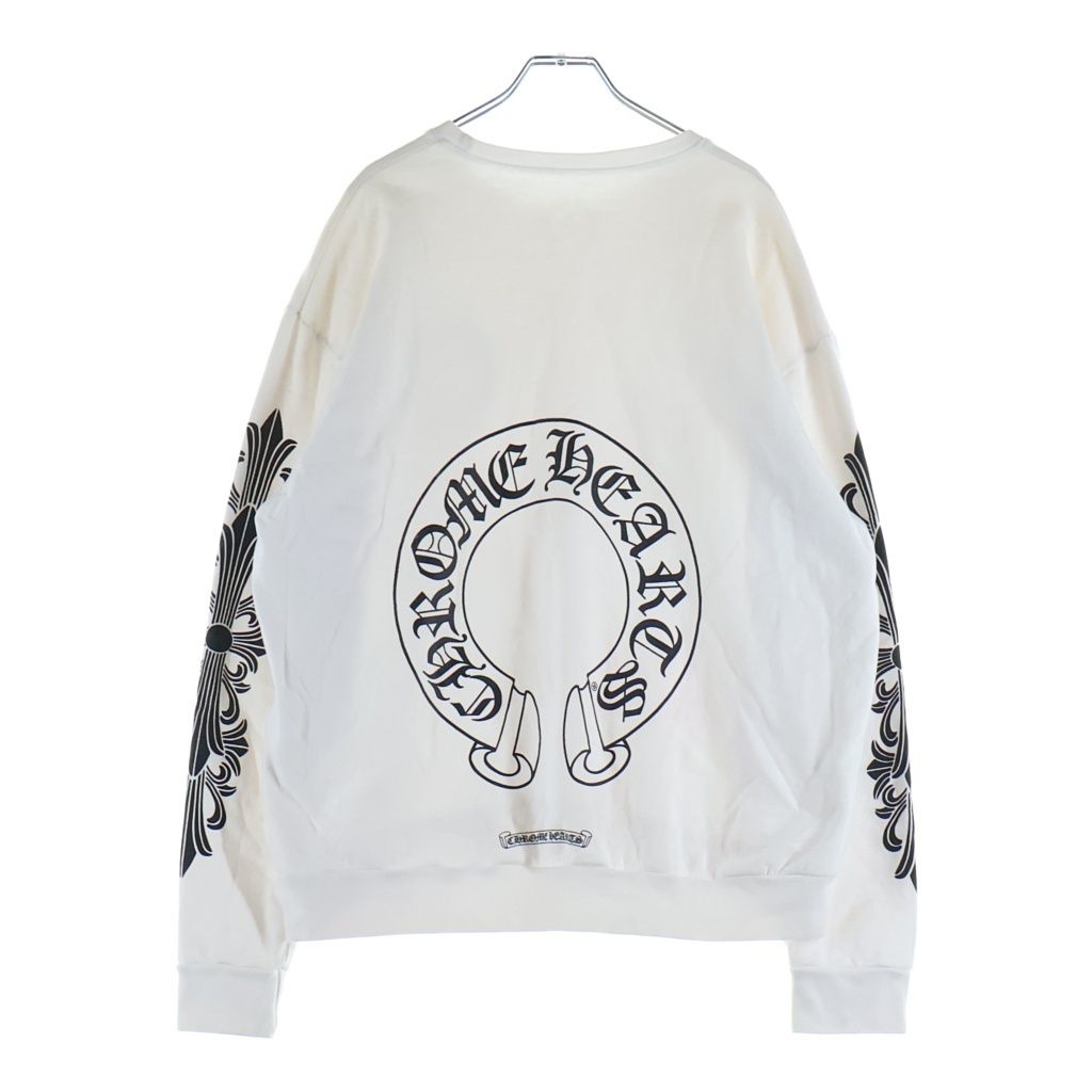 CHROME HEARTS (クロムハーツ) Horseshoe Arm Floral Cross L/S Sweatshirt ホースシュー アームフローラルクロス クルーネック スウェットトレーナー ホワイト