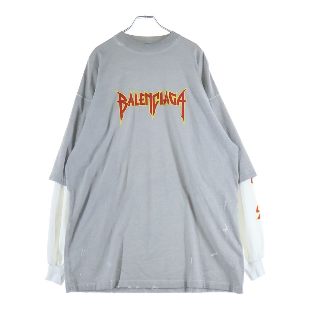 BALENCIAGA (バレンシアガ) 22SS METAL DOUBLE SLEEVE T レイヤード クルーネックロングスリーブTシャツ ホワイト/グレー