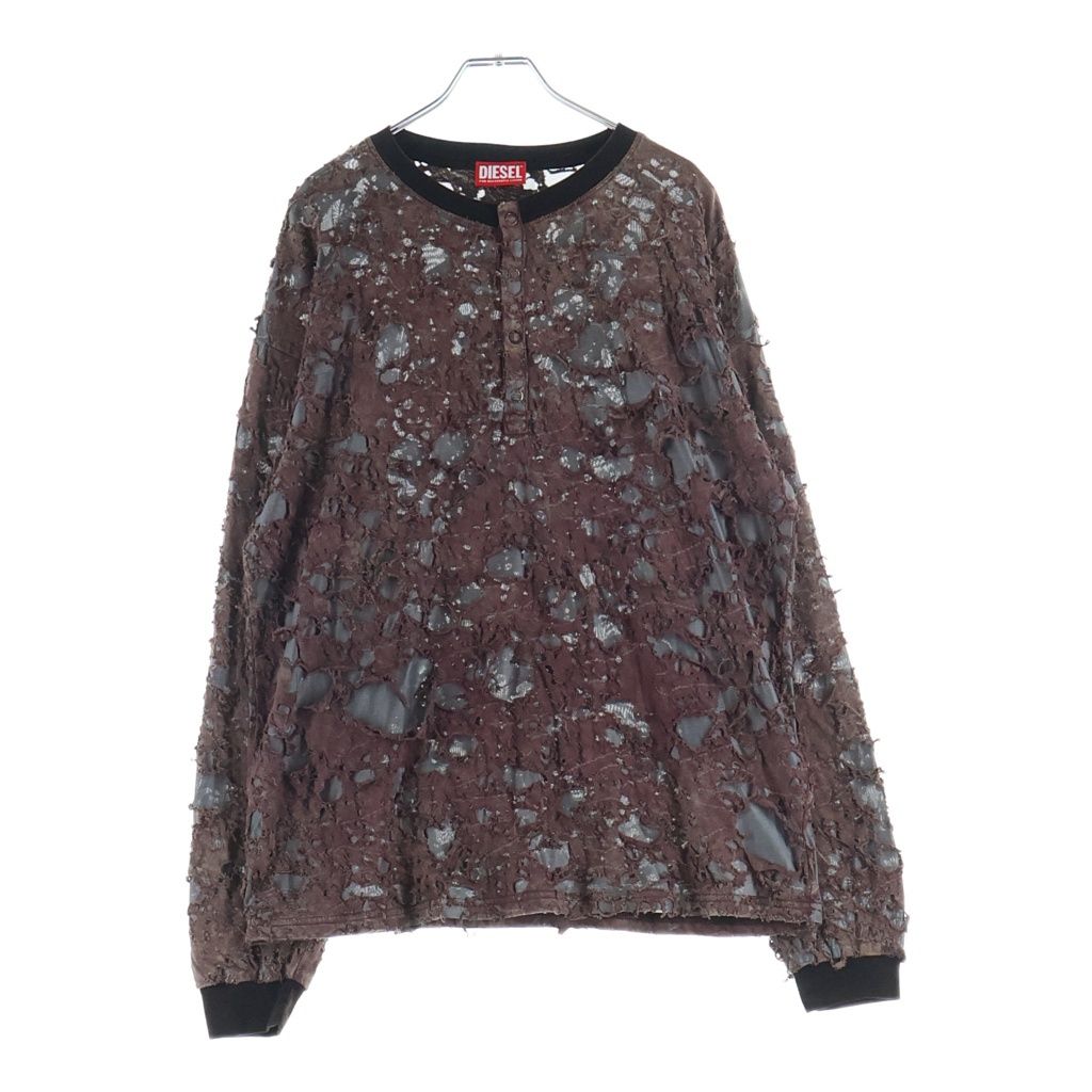 DIESEL (ディーゼル) T-OVERT デストロイド ジャージー ロングスリーブ長袖Tシャツカットソー ブラウン A19516
