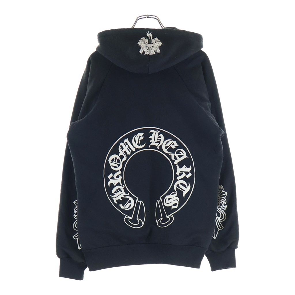 CHROME HEARTS (クロムハーツ) OLD SWTSHRT HD ZIP 袖フローラル バックホースシュープリント 裏地サーマル ジップアップパーカー ブラック