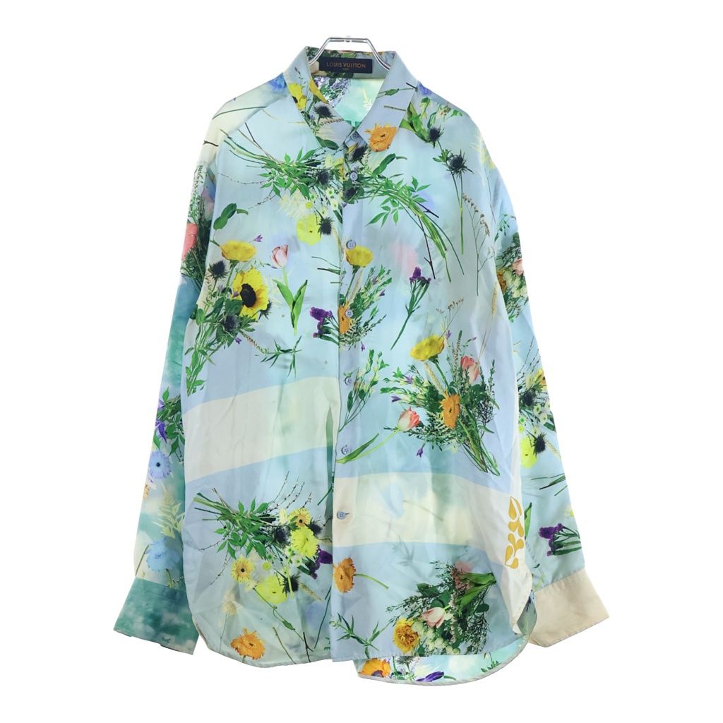 LOUIS VUITTON (ルイヴィトン) 20SS フラワー総柄プリント シルク 長袖シャツ ライトブルー RM201 TXI HS96W