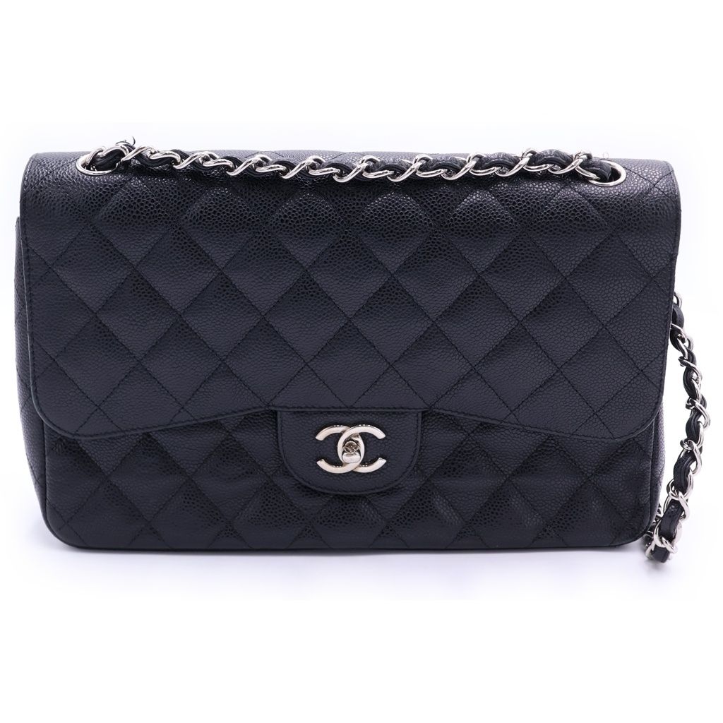 CHANEL (シャネル) デカマトラッセ 30 WフラップWチェーンショルダーバッグ ブラック キャビアスキン シルバー金具 415,800円