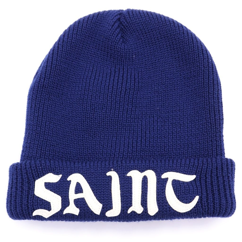 SAINT MICHAEL (セントマイケル) 26SS KNIT CAP SAINT フロントロゴ レザーパッチデザイン ニットキャップ 帽子 ネイビー SM-YS1-0000-0083