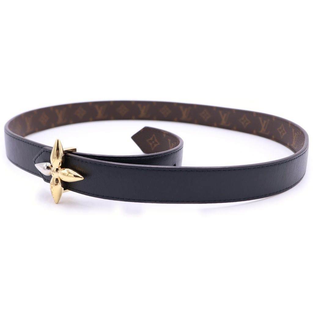 LOUIS VUITTON (ルイヴィトン) サンチュール レザーベルト ブラック×ブラウン フラワー M05554 ゴールド×シルバー金具