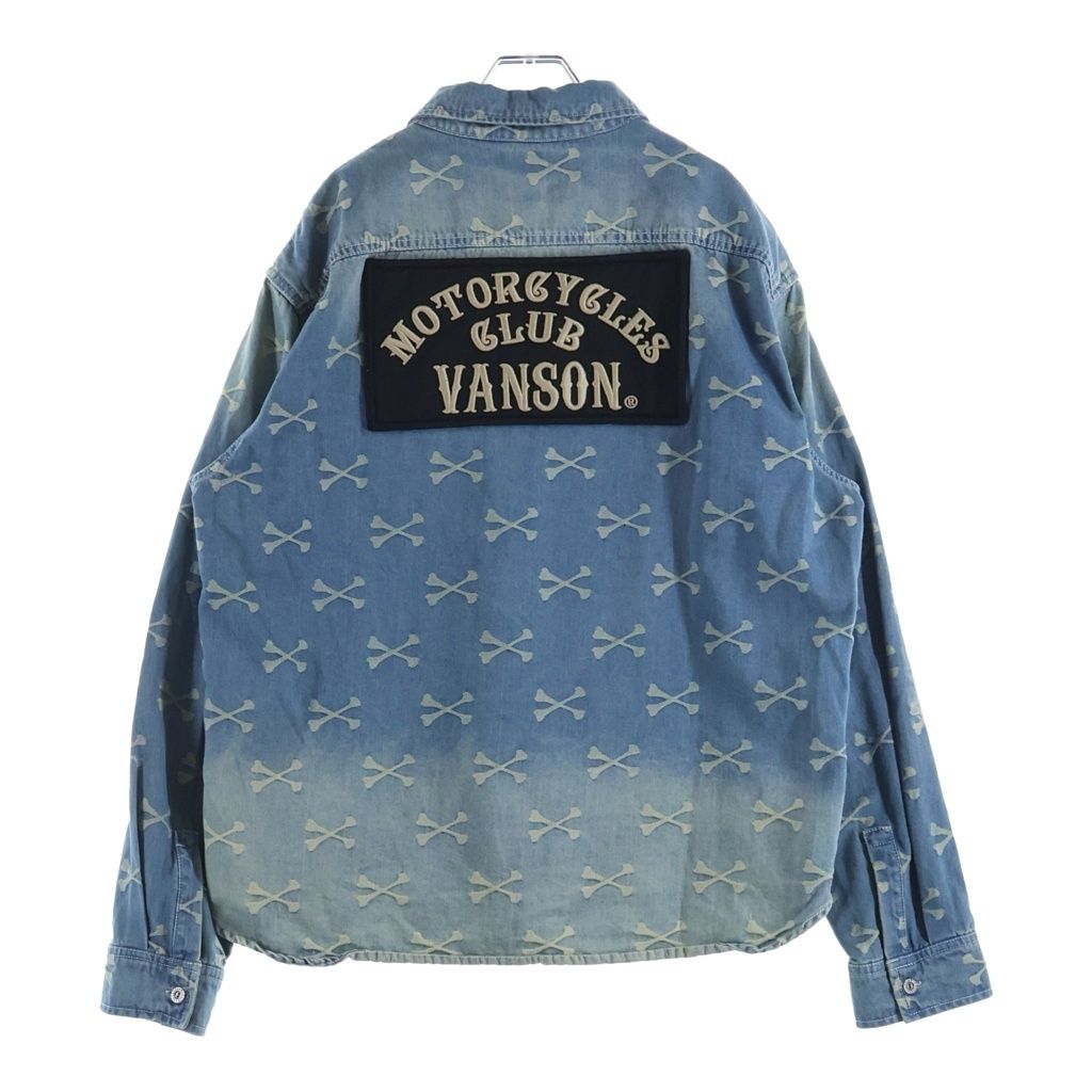 VANSON (バンソン) クロスボーン 総柄 ジャガード デニム長袖シャツ インディゴ