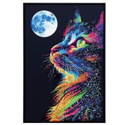 【送料無料】美品 アートパネル 絵画 SNS映え 猫　ネコ　月　MOON　カラフル フレーム付き インパクト大 壁飾り 41×61 a682