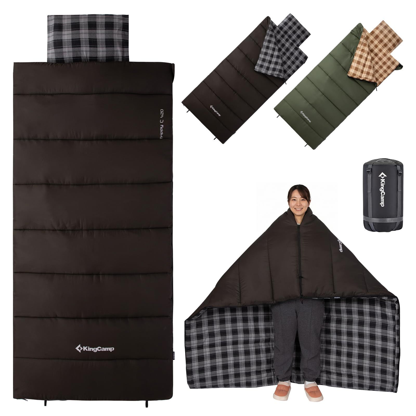 新品 KingCamp 寝袋 シュラフ 封筒型 枕付き フランネル 冬用 2.4KG 快適温度5℃ 保温 防水 コンパクト 軽量 アウトドア キャンプ 車中泊 防災用 丸洗い可 収納パック付き ブラック