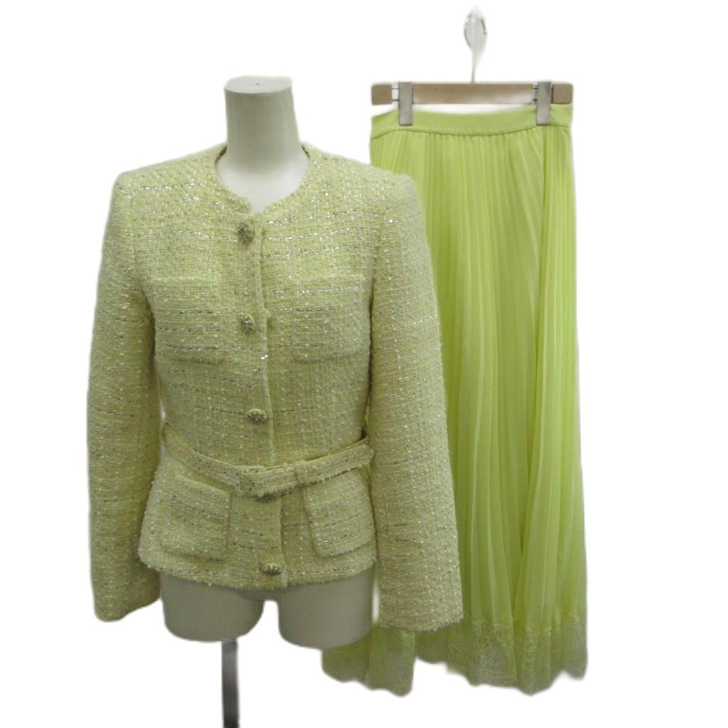 セルフポートレイト self-portrait YELLOW BOUCLE MIDI DRESS セットアップ 上下 ノーカラージャケット ツイード 総裏地 肩パッド ベルト付き プリーツスカート ロング レース US2 S 黄色 イエロー /XZ ■GY19