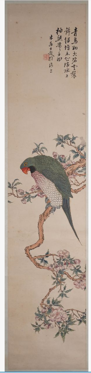 高野侯『花鳥図』中国掛軸 設色紙本 唐画 木箱付 中国美術 骨董 古美術品