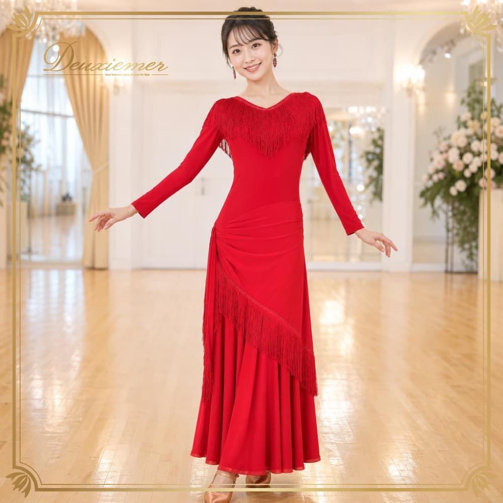 社交ダンス 衣装 DANSCOUTURE LONDON ドレス ワンピース レッド系 フリンジ 長袖 上品 高級感 綺麗 発表会 パーティー 赤 無地 伸縮 ストレッチ ロング ダンス衣装 イベント ステージ かわいい