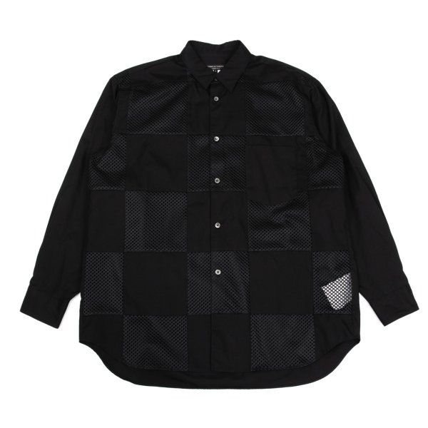 コムデギャルソン オムプリュスCOMME des GARCONS HOMME PLUS メッシュ切替ブロックチェックシャツ 黒S