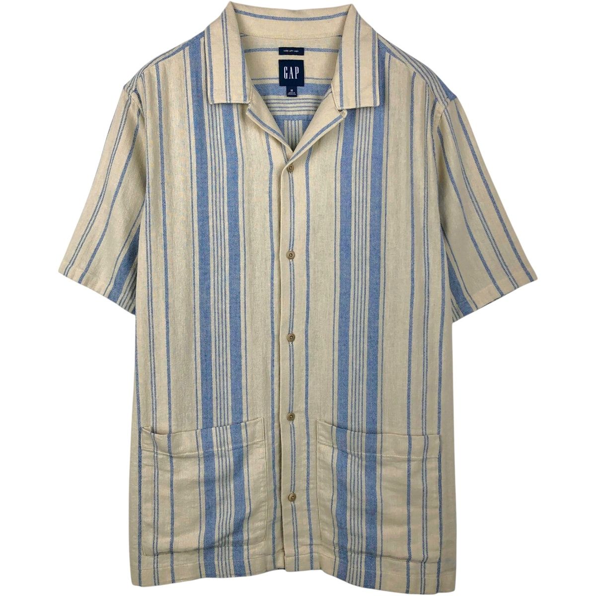 古着 00年代 ギャップ GAP MADE WITH LINEN ストライプ柄 マルチストライプ 半袖 オープンカラー コットンシャツ/eaa655820