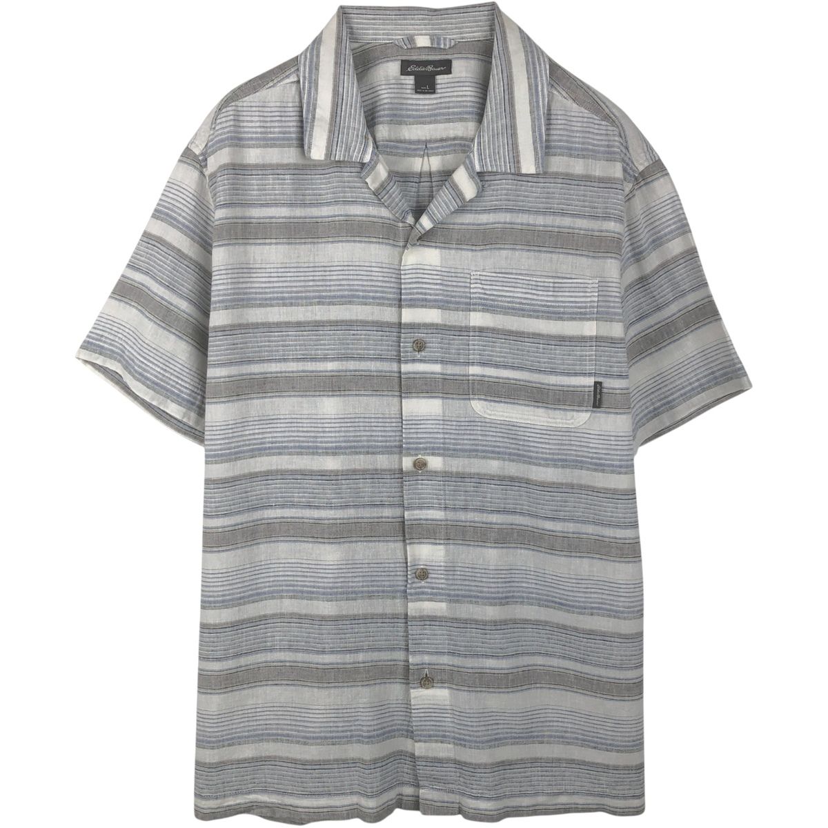 古着 エディーバウアー Eddie Bauer ボーダー柄 マルチボーダー 半袖 オープンカラー コットン×リネンシャツ ボックスシャツ/eaa655822