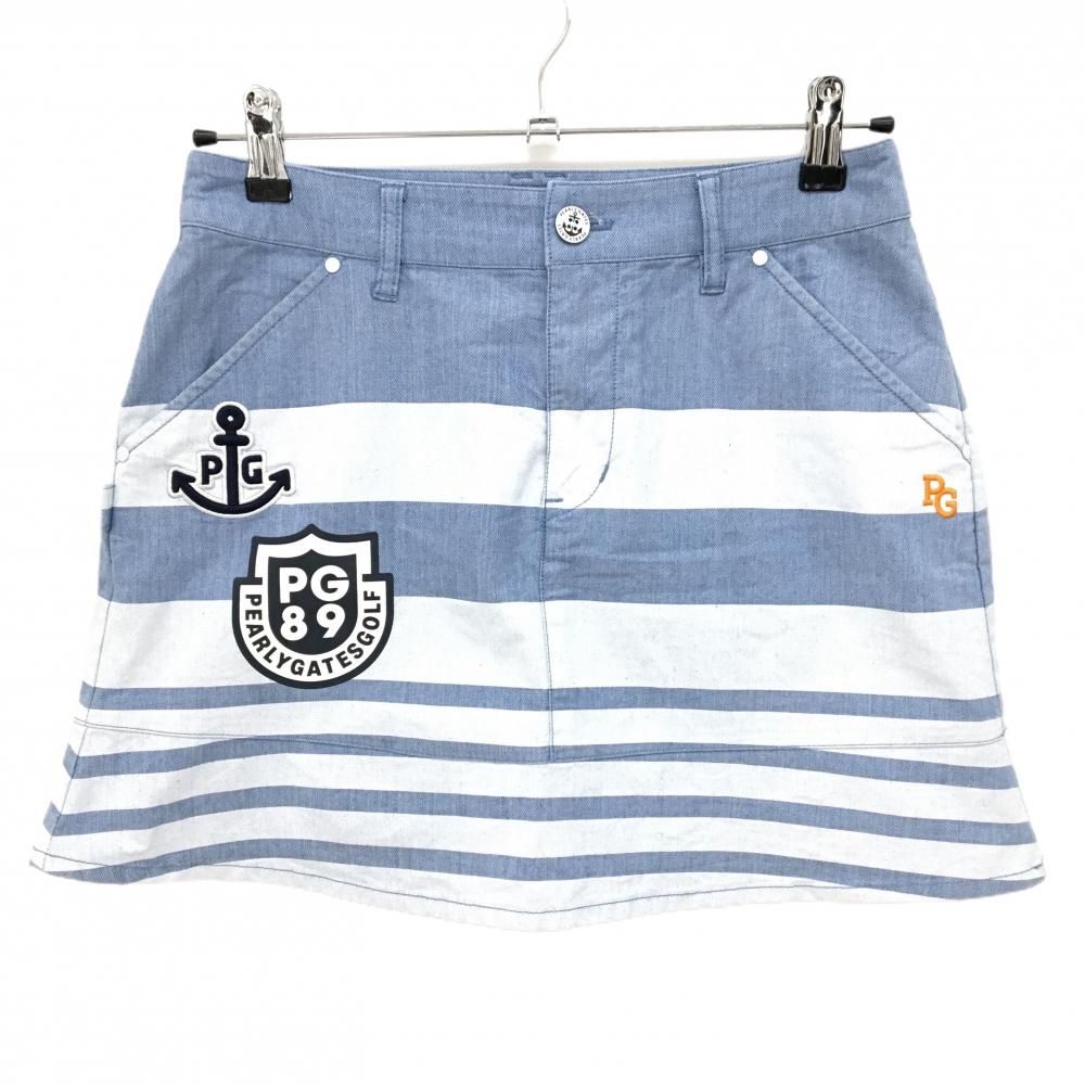 【超美品】パーリーゲイツ スカート ブルー×白 ランダムボーダー ストレッチ レディース 1(M) ゴルフウェア PEARLY GATES