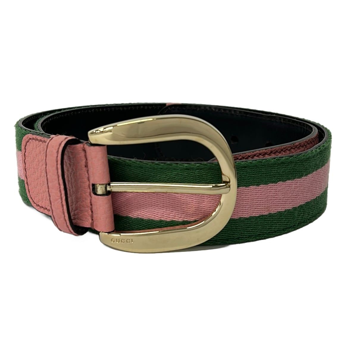 GUCCI(グッチ) ベルト 80・32美品 - 138445 ピンク×グリーン コットン、レザー