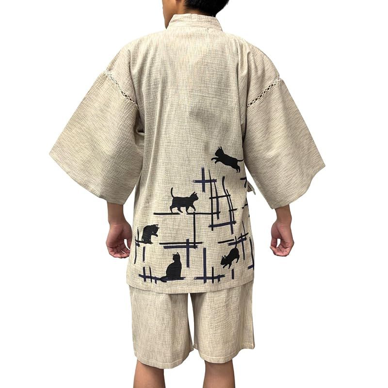 【新品】 [江戸てん] 甚平 しじら織りメンズ 和柄プリント 猫と和古典モチーフ【和猫縁起堂】 綿100％ 涼しい 夏用 腰にやぶれ格子と猫カラー ベージュ M 8,545円