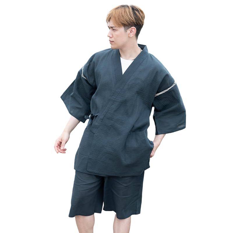 【新品】 [江戸てん] しじら織り甚平 綿100％ 涼しい着心地 和服 夏服 メンズ 大きいサイズ M/L/LL/3L/4L/5L リラックスウェア お祭り 父の日 紺705 M