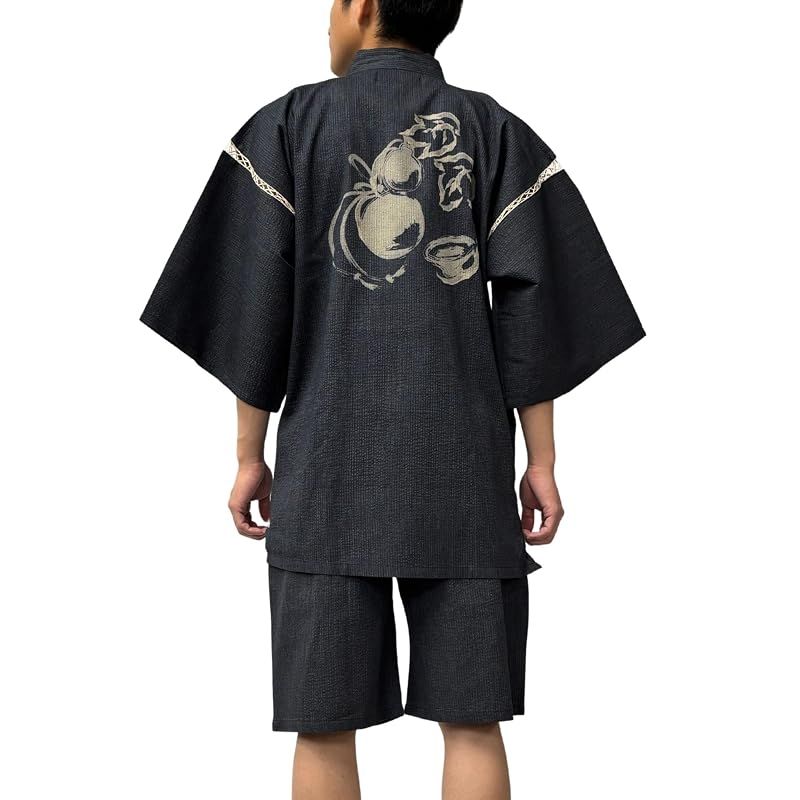 【新品】 [江戸てん] 甚平 しじら織り 涼しい 夏 綿100％ 抜染オリジナル柄 和柄 瓢箪（ひょうたん） グレー L