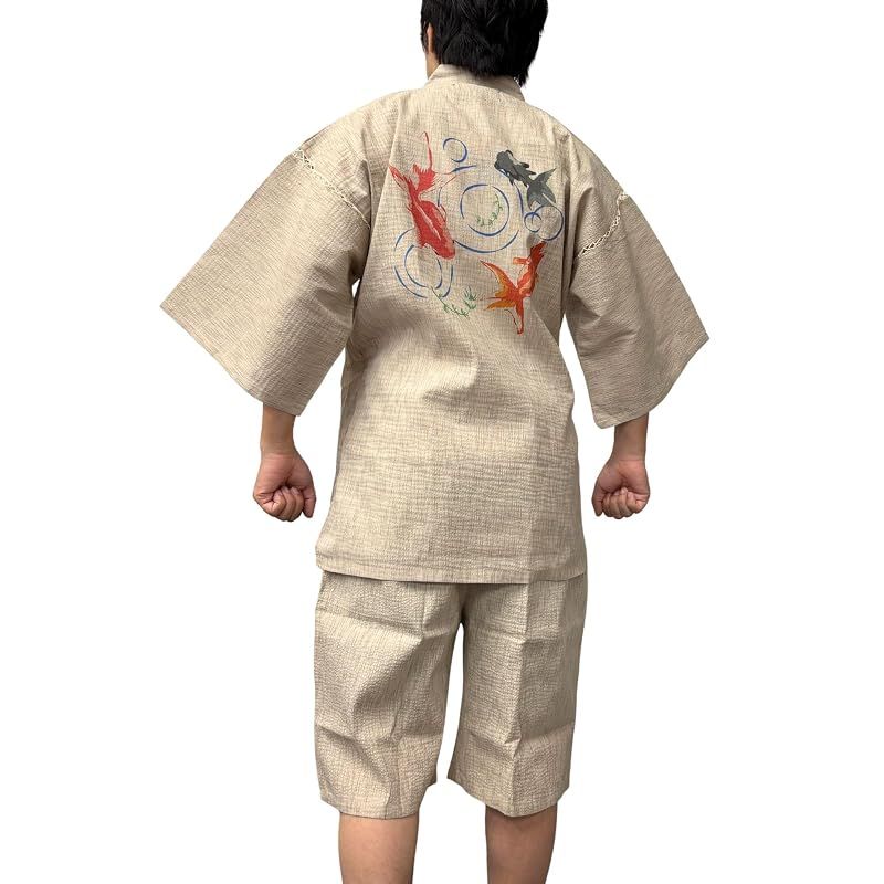 【新品】 [江戸てん] 甚平 メンズ 綿100% しじら織 涼しい 夏 和柄 捺染プリント（金魚柄）【涼風金魚シリーズ】 メンズ 金魚と波紋 ベージュ M