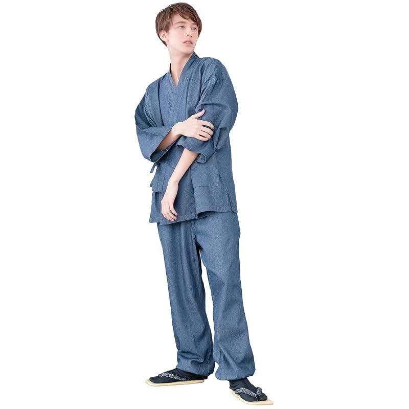 【新品】 [KYOETSU] [キョウエツ] 作務衣 デニム 洗える 無地 綿100% 通年 メンズ (L, 薄ブルー)