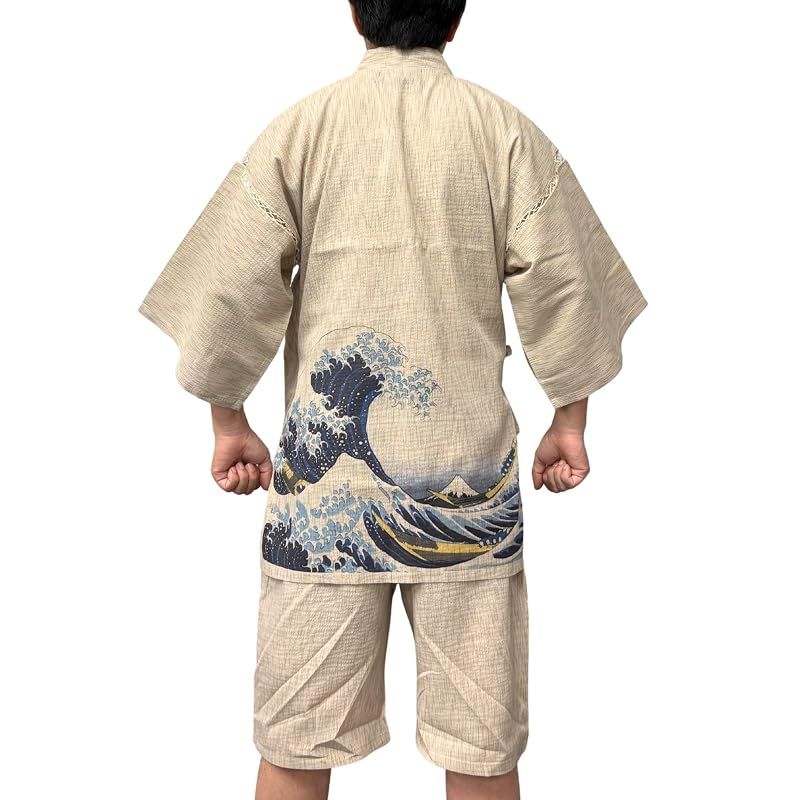 【新品】 [江戸てん] 甚平 メンズ 浮世絵柄プリント 名画モチーフ 綿100％ しじら織り 涼しい 和柄 上下セット【浮世彩画】 腰に波（神奈川沖浪裏デザイン） カラー ベージュ LL